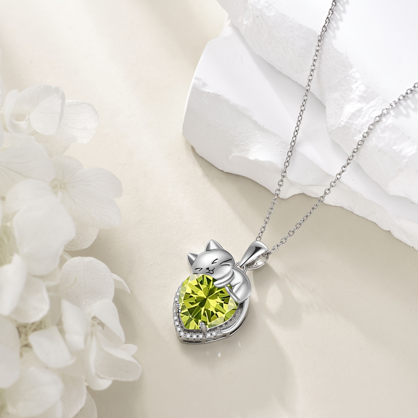 Women's Adjustable Chain Birthstone Cat Necklace with Green Crystal